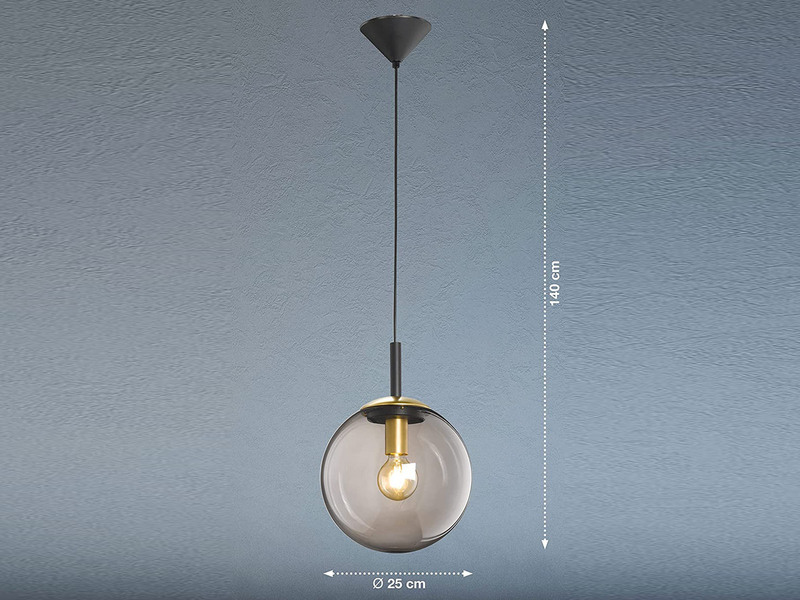Kleine Pendelleuchte DINI 1-flammig mit Glaskugel aus Rauchglas, Ø 25cm