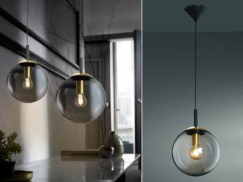 Kleine Pendelleuchte DINI 1-flammig mit Glaskugel aus Rauchglas, Ø 25cm