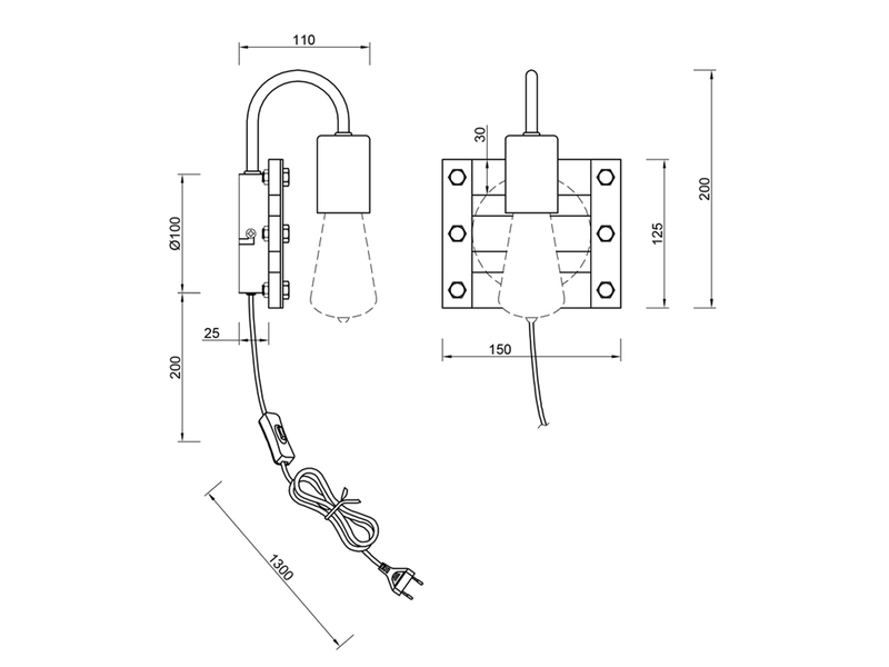 LED Wandlampe mit Schalter und Stecker aus Holz & Metall, Höhe 20cm