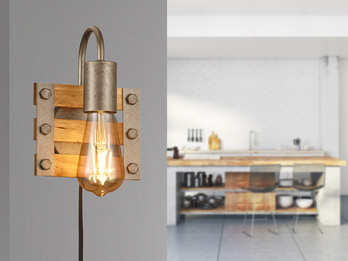 LED Wandlampe mit Schalter und Stecker aus Holz & Metall, Höhe 20cm