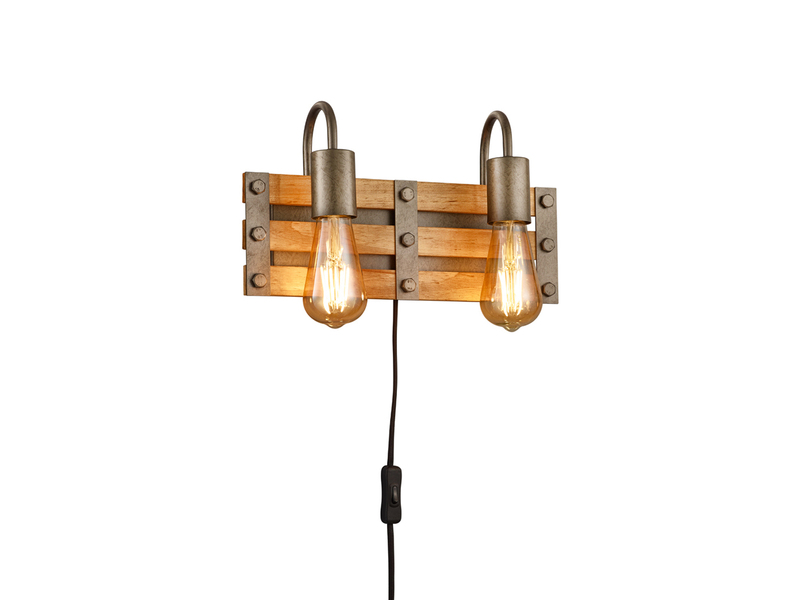 LED Wandlampe 2flammig, Holz & Metall mit Schalter und Stecker, Breite 35cm