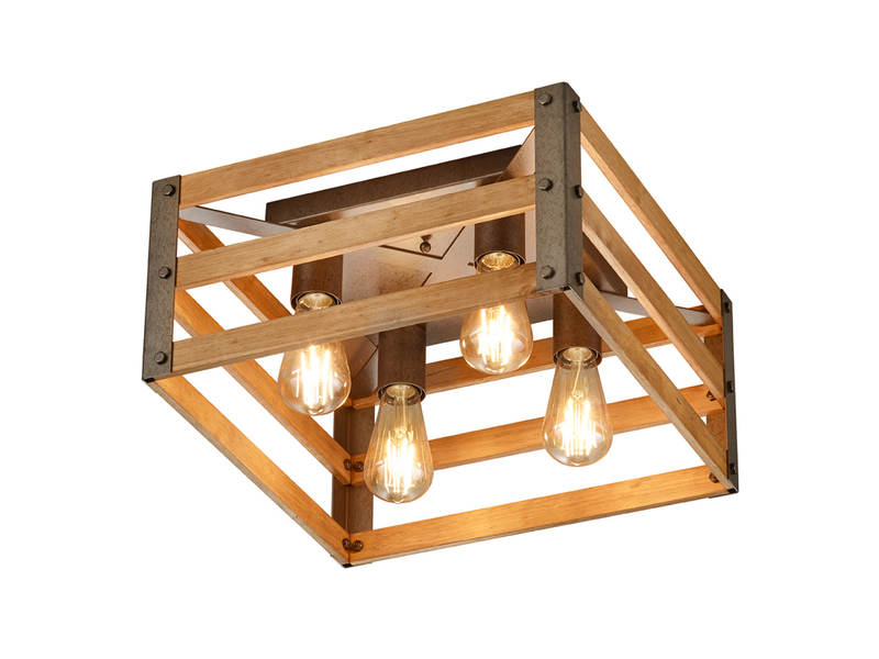 Vintage LED Deckenlampe mit Echtholz Lampenschirm, Quadrat 40cm