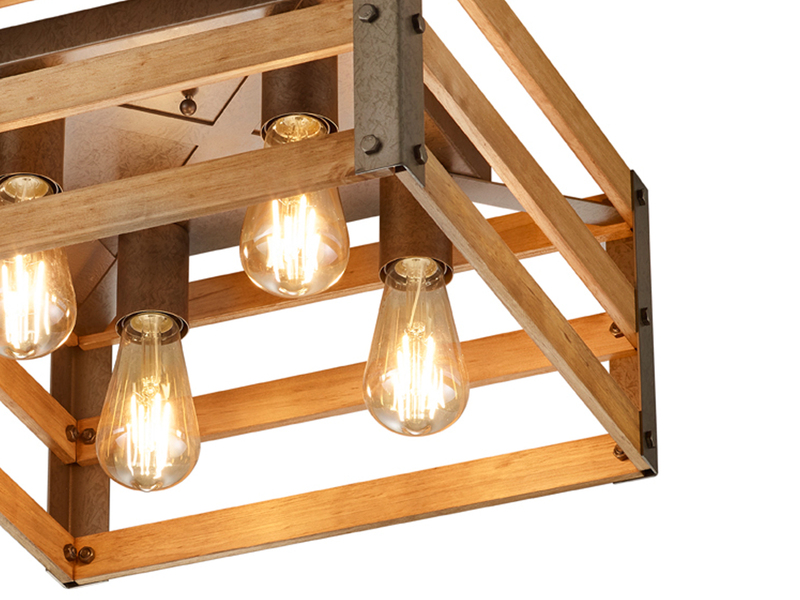 Vintage LED Deckenlampe mit Echtholz Lampenschirm, Quadrat 40cm