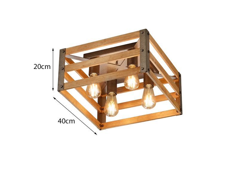 Viereckige LED Deckenlampe mit Echtholz Lampenschirm Industrial Vintage Style