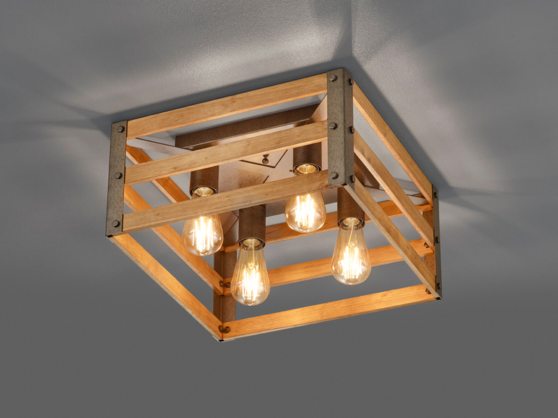 Vintage LED Deckenlampe mit Echtholz Lampenschirm, Quadrat 40cm