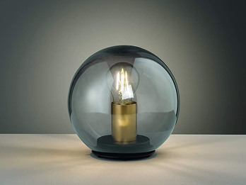 Kleine LED Tischleuchte Rauchglas Schwarz mit Messing - Kugel Ø 20cm