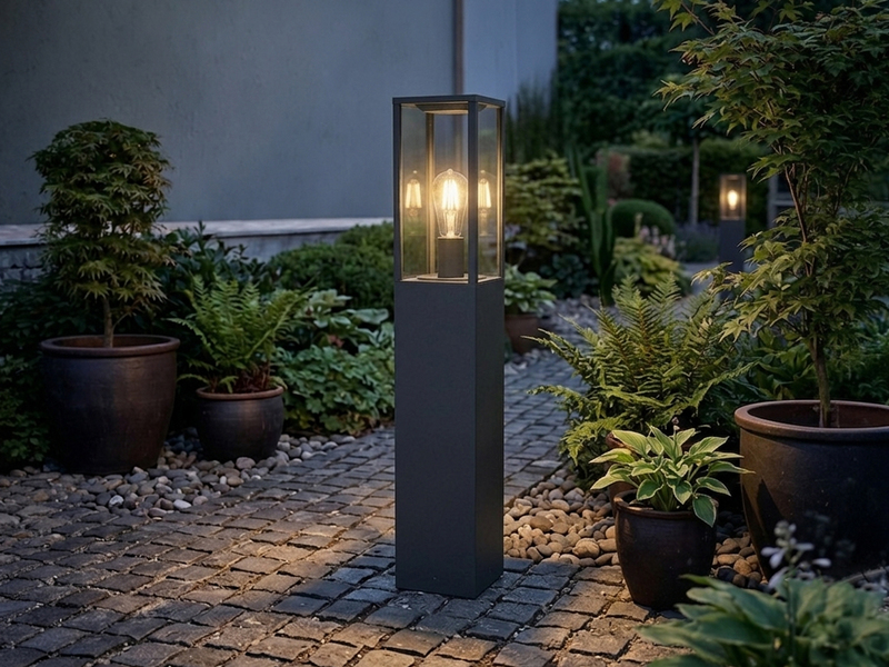 Moderne Pollerleuchte GARONNE in Anthrazit mit Glas, Höhe 80cm