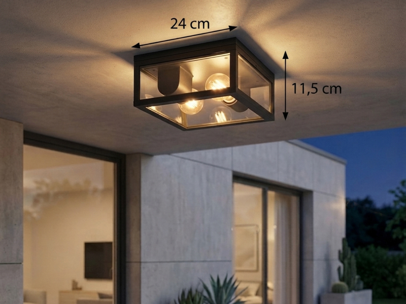 Moderne LED Außendeckenleuchte in Anthrazit mit Glas, 24x24cm