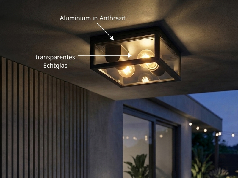 Moderne LED Außendeckenleuchte in Anthrazit mit Glas, 24x24cm