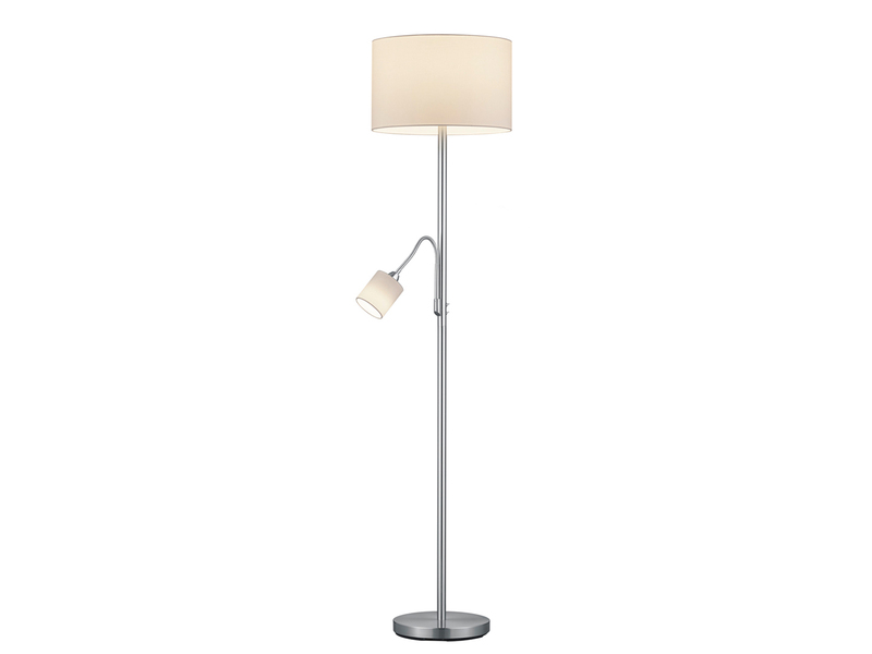 Große Stehlampe HOTEL Silber mit Leselampe & E27 Stoffschirm Weiß, Höhe 170cm