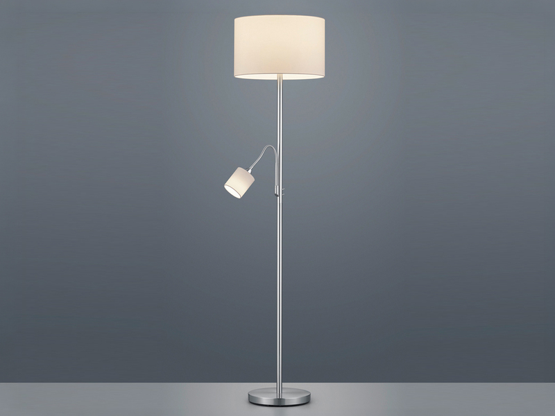 Große Stehlampe HOTEL Silber mit Leselampe & E27 Stoffschirm Weiß, Höhe 170cm