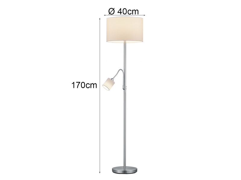 Große Stehlampe HOTEL Silber mit Leselampe & E27 Stoffschirm Weiß, Höhe 170cm