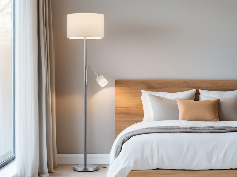 Große Stehlampe HOTEL Silber mit Leselampe & E27 Stoffschirm Weiß, Höhe 170cm