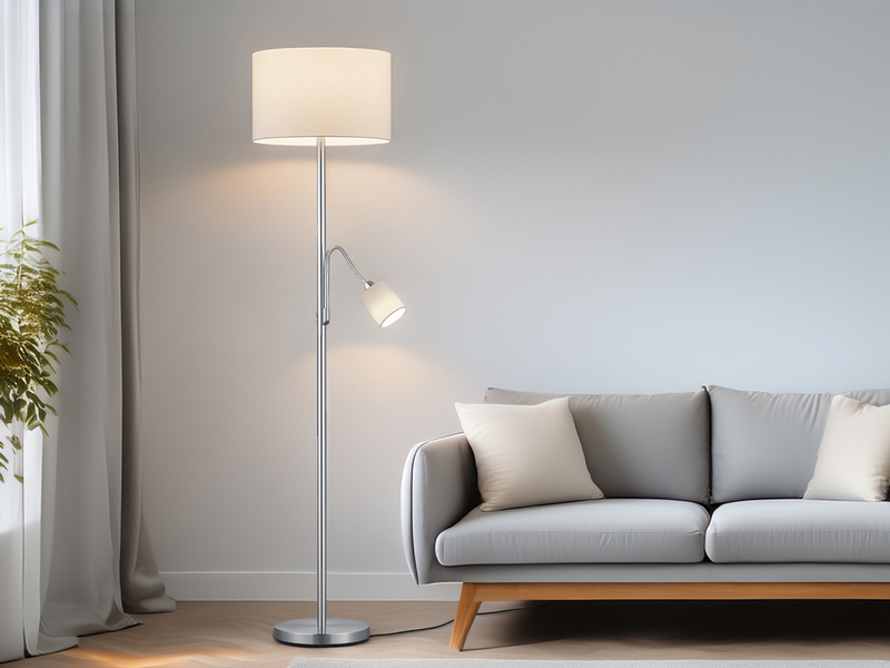 Große Stehlampe HOTEL Silber mit Leselampe & E27 Stoffschirm Weiß, Höhe 170cm