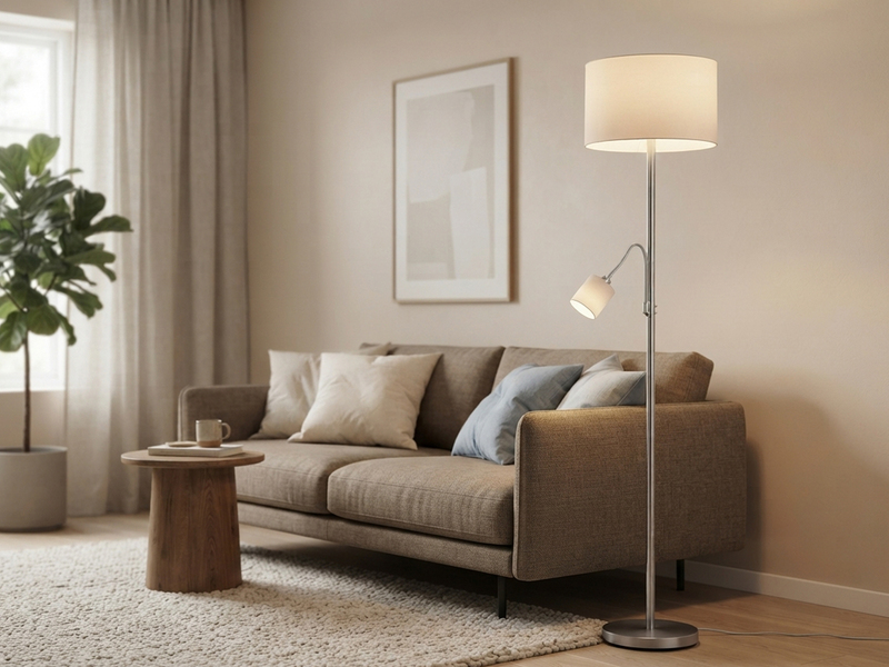 Große Stehlampe HOTEL Silber mit Leselampe & E27 Stoffschirm Weiß, Höhe 170cm