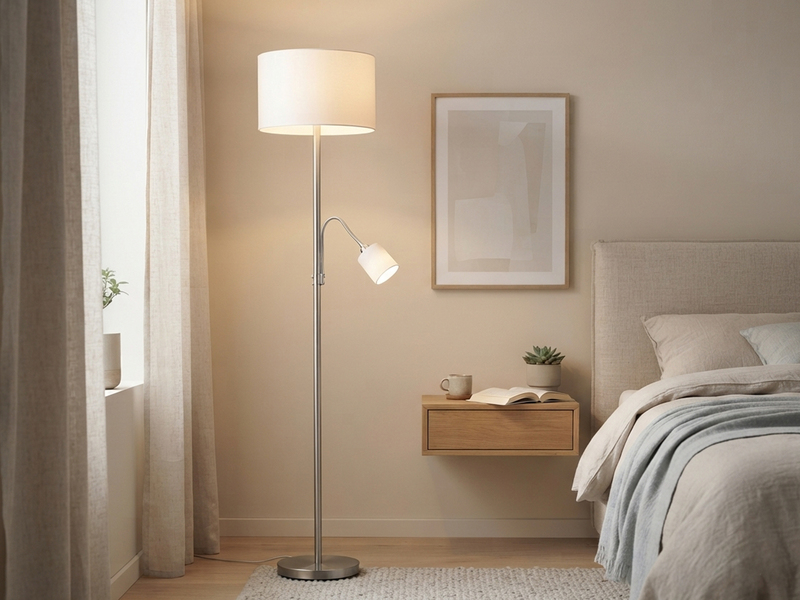 Große Stehlampe HOTEL Silber mit Leselampe & E27 Stoffschirm Weiß, Höhe 170cm