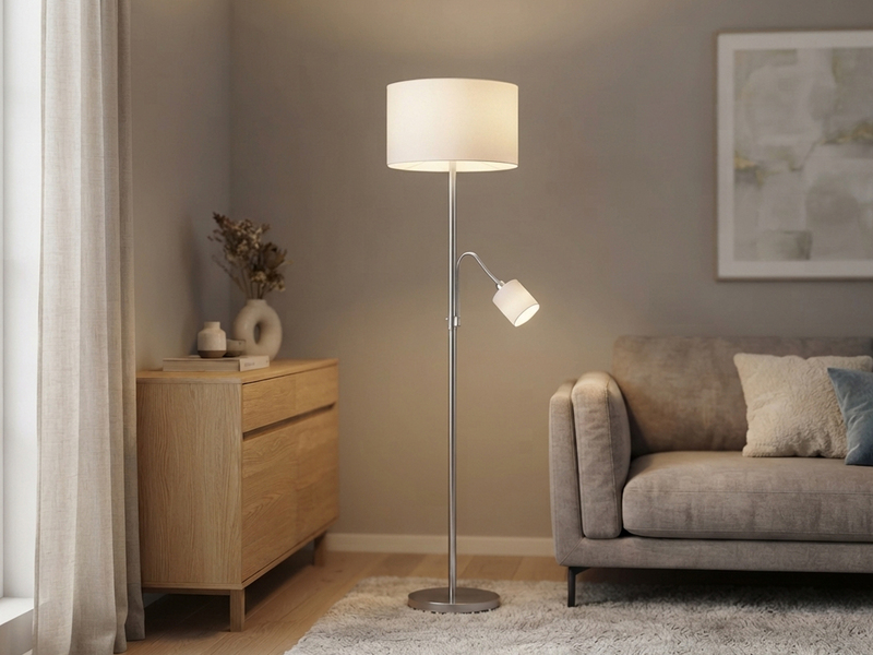 Große Stehlampe HOTEL Silber mit Leselampe & E27 Stoffschirm Weiß, Höhe 170cm