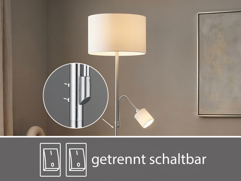 Große Stehlampe HOTEL Silber mit Leselampe & E27 Stoffschirm Weiß, Höhe 170cm