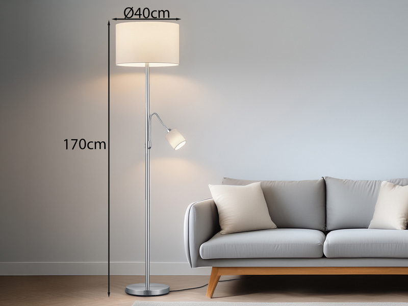 Große Stehlampe HOTEL Silber mit Leselampe & E27 Stoffschirm Weiß, Höhe 170cm