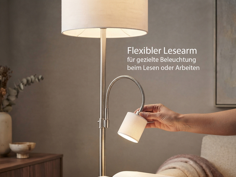 Große Stehlampe HOTEL Silber mit Leselampe & E27 Stoffschirm Weiß, Höhe 170cm