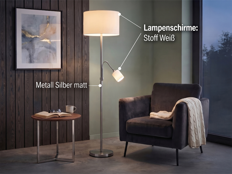 Große Stehlampe HOTEL Silber mit Leselampe & E27 Stoffschirm Weiß, Höhe 170cm