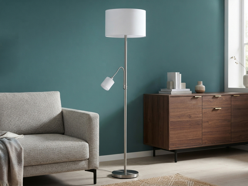 Große Stehlampe HOTEL Silber mit Leselampe & E27 Stoffschirm Weiß, Höhe 170cm