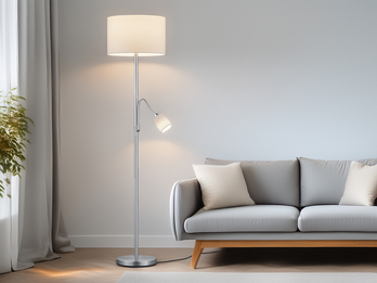Große Stehlampe HOTEL Silber mit Leselampe & E27 Stoffschirm Weiß, Höhe 170cm Große Stehlampe HOTEL Silber mit Leselampe & E27 Stoffschirm Weiß, Höhe 170cm