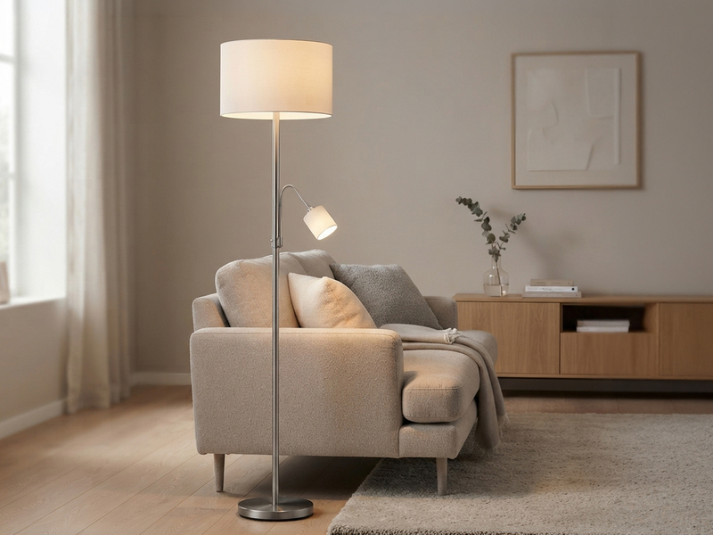 Große Stehlampe HOTEL Silber mit Leselampe & E27 Stoffschirm Weiß, Höhe 170cm