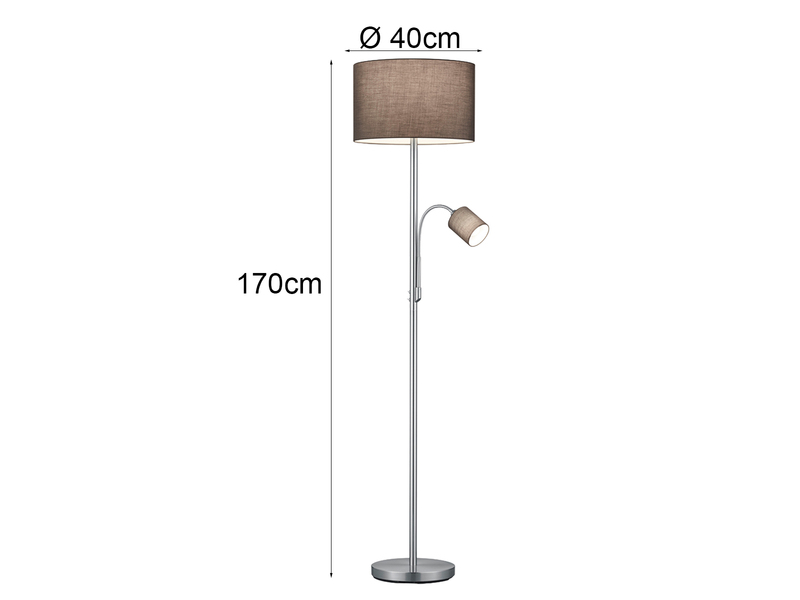 Große Stehlampe HOTEL Silber mit Leselampe & E27 Stoffschirm Grau, Höhe 170cm