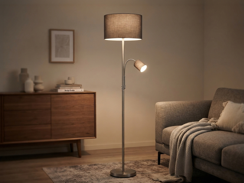 Große Stehlampe HOTEL Silber mit Leselampe & E27 Stoffschirm Grau, Höhe 170cm