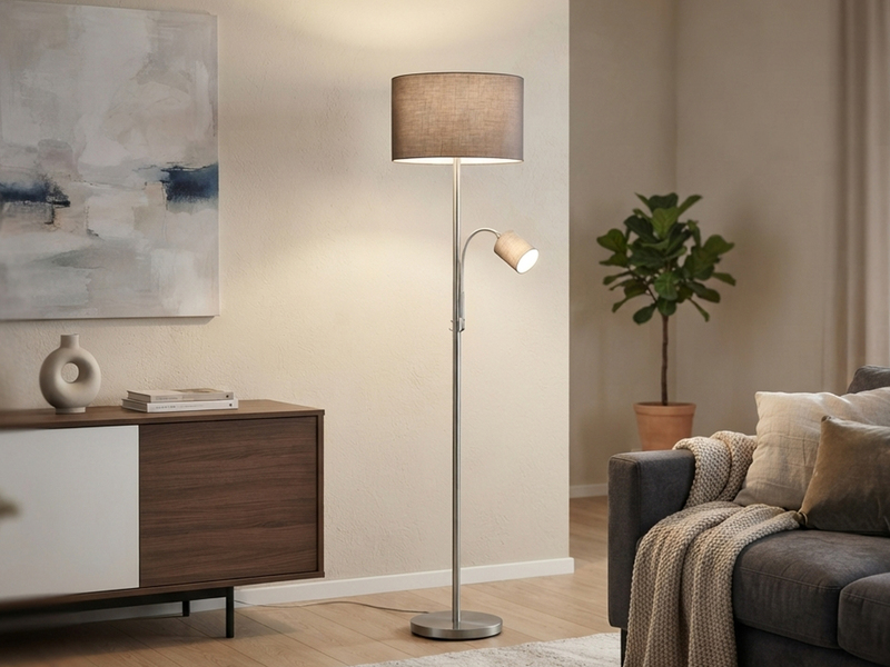 Große Stehlampe HOTEL Silber mit Leselampe & E27 Stoffschirm Grau, Höhe 170cm
