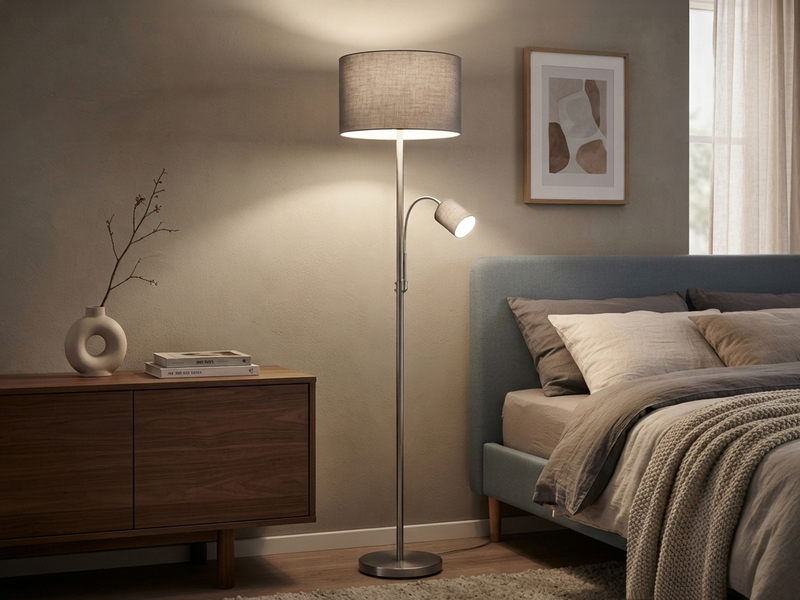 Große Stehlampe HOTEL Silber mit Leselampe & E27 Stoffschirm Grau, Höhe 170cm