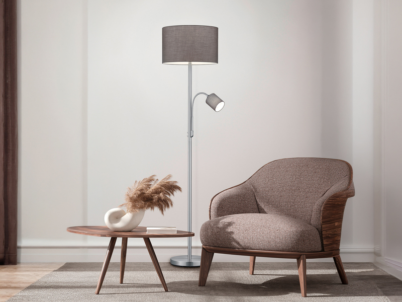 Große Stehlampe HOTEL Silber mit Leselampe & E27 Stoffschirm Grau, Höhe 170cm