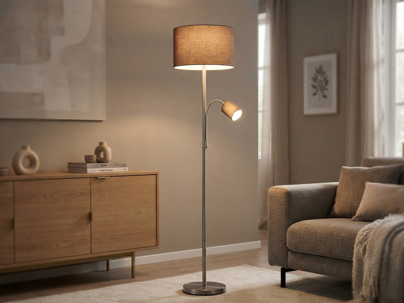 Große Stehlampe HOTEL Silber mit Leselampe & E27 Stoffschirm Grau, Höhe 170cm