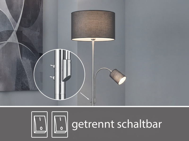 Große Stehlampe HOTEL Silber mit Leselampe & E27 Stoffschirm Grau, Höhe 170cm
