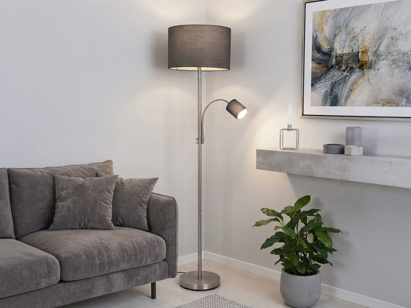 Große Stehlampe HOTEL Silber mit Leselampe & E27 Stoffschirm Grau, Höhe 170cm