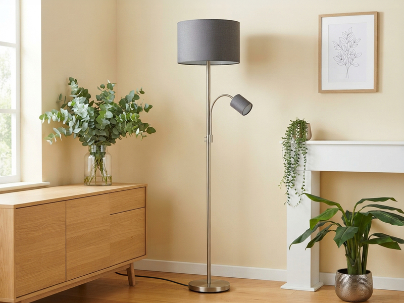 Große Stehlampe HOTEL Silber mit Leselampe & E27 Stoffschirm Grau, Höhe 170cm