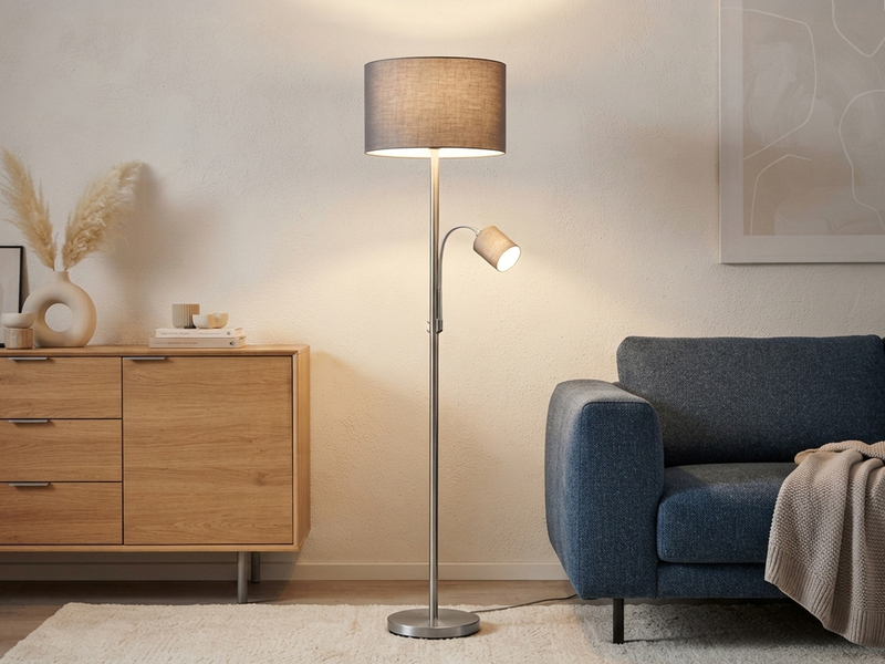 Große Stehlampe HOTEL Silber mit Leselampe & E27 Stoffschirm Grau, Höhe 170cm