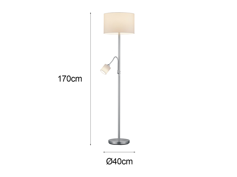 Große Stehlampe mit Leselampe, LED dimmbar, Stoffschirm Weiß, Höhe 170cm
