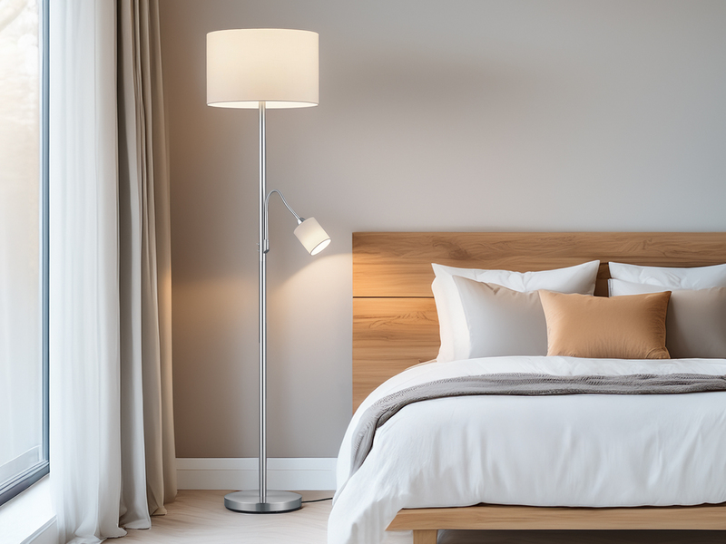 Große Stehlampe mit Leselampe, LED dimmbar, Stoffschirm Weiß, Höhe 170cm