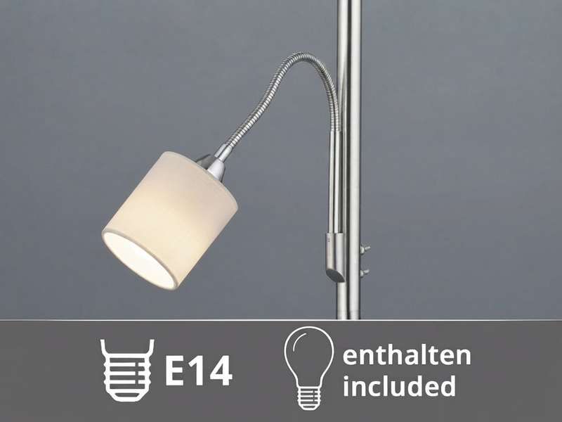 Große Stehlampe mit Leselampe, LED dimmbar, Stoffschirm Weiß, Höhe 170cm