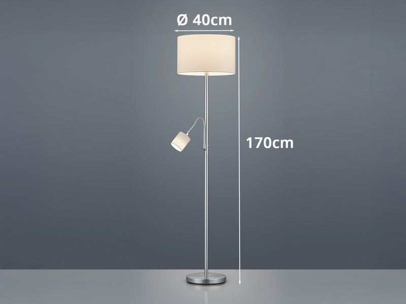 Große Stehlampe mit Leselampe, LED dimmbar, Stoffschirm Weiß, Höhe 170cm