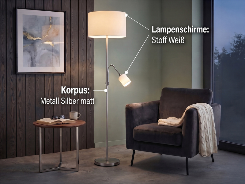 Große Stehlampe mit Leselampe, LED dimmbar, Stoffschirm Weiß, Höhe 170cm