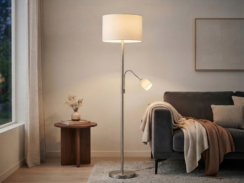 Große Stehlampe mit Leselampe, LED dimmbar, Stoffschirm Weiß, Höhe 170cm