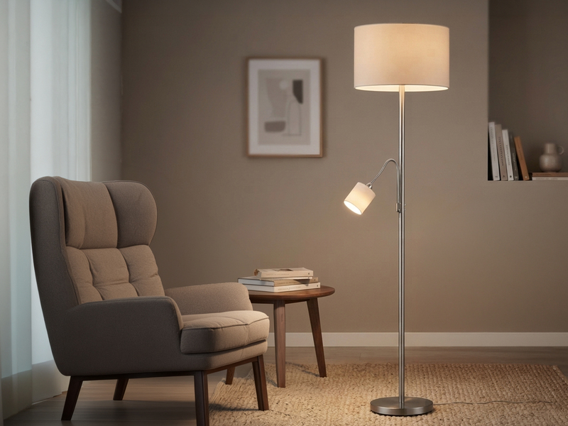 Große Stehlampe mit Leselampe, LED dimmbar, Stoffschirm Weiß, Höhe 170cm