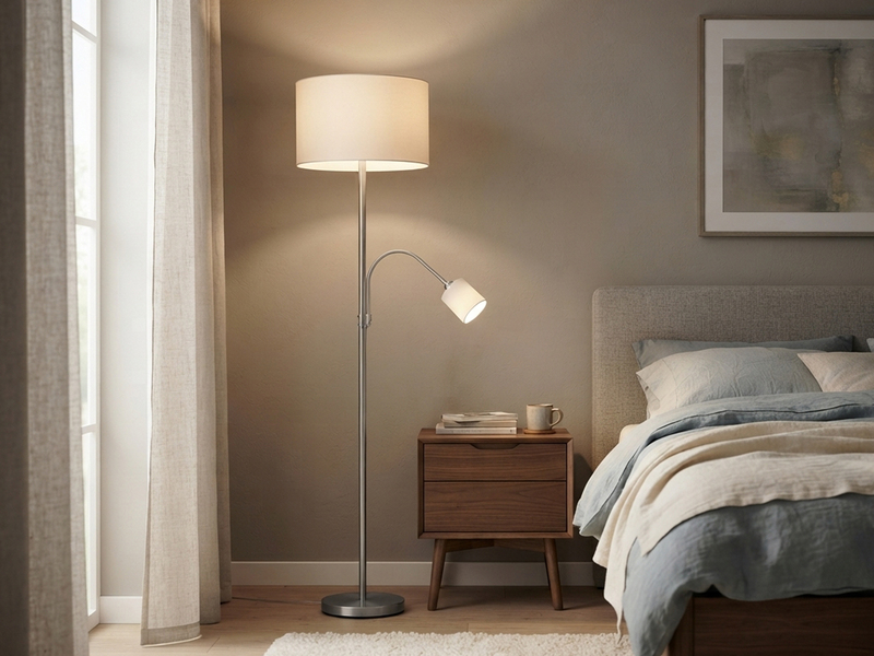 Große Stehlampe mit Leselampe, LED dimmbar, Stoffschirm Weiß, Höhe 170cm