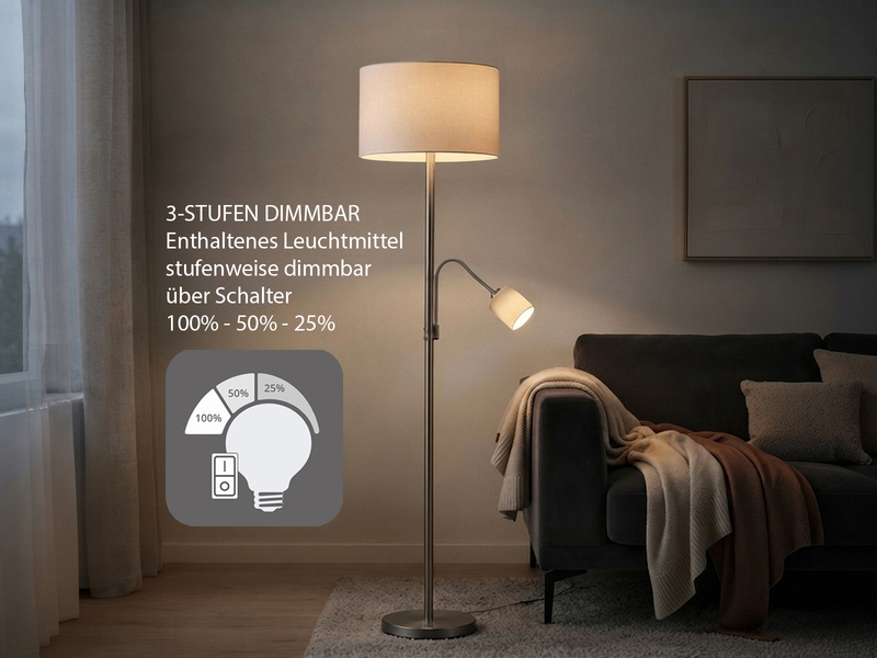 Große Stehlampe mit Leselampe, LED dimmbar, Stoffschirm Weiß, Höhe 170cm