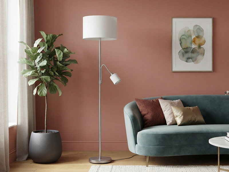 Große Stehlampe mit Leselampe, LED dimmbar, Stoffschirm Weiß, Höhe 170cm
