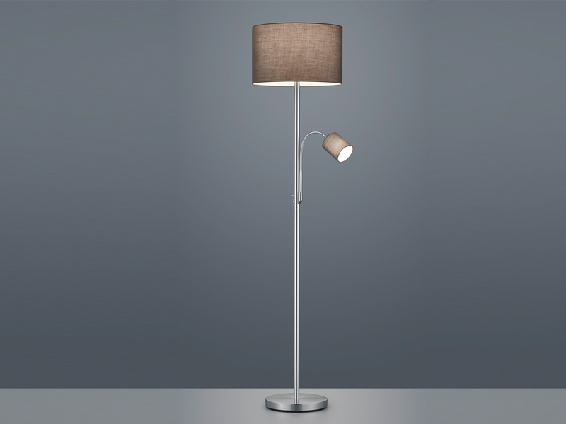 Große Stehlampe mit Leselampe, LED dimmbar, Stoffschirm Grau, Höhe 170cm