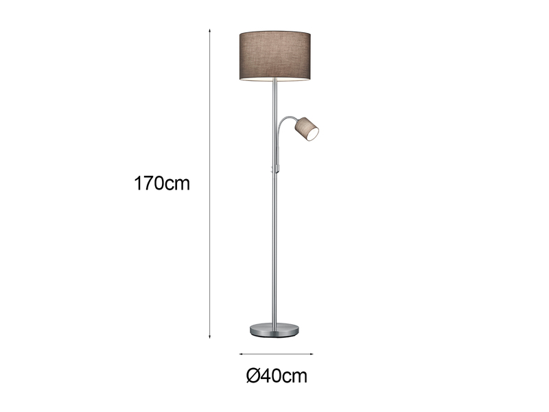 Große Stehlampe mit Leselampe, LED dimmbar, Stoffschirm Grau, Höhe 170cm
